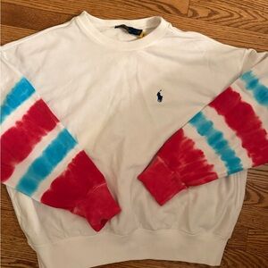 Polo by Ralph Lauren White Sweater with Red and Blue Tie-Dye Sleeves